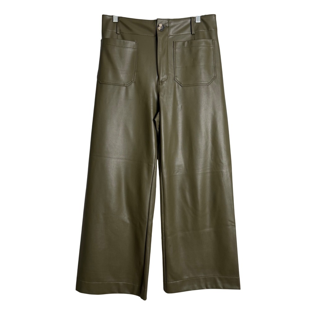 Maeve Olive Green Wide-Leg Faux Leather Pants